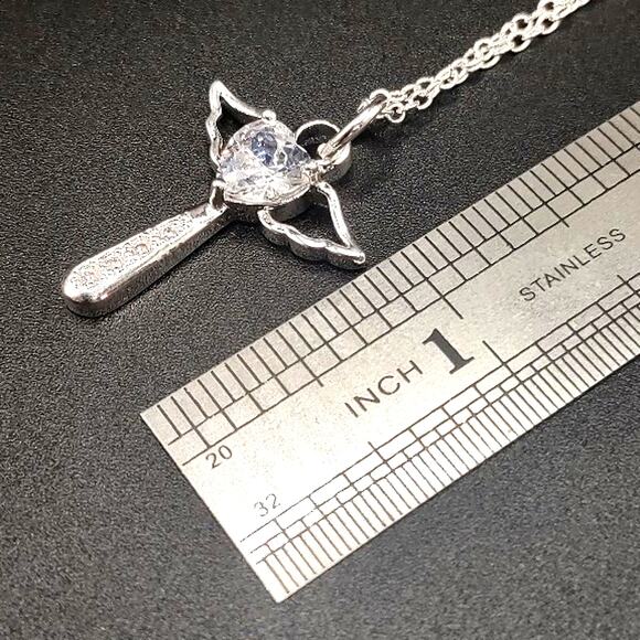 925 Silver Necklace w/ CZ Diamond Angel Wings Cross Anniversary Birthday Gift